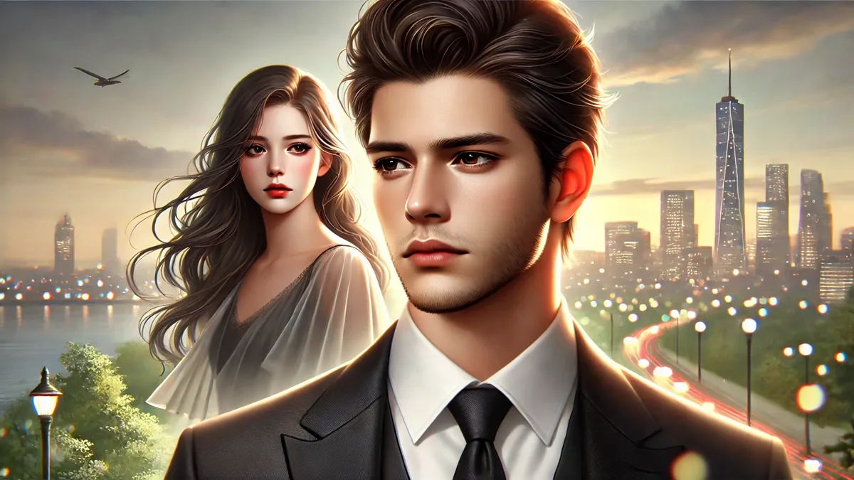 a handsome young man with sharp facial structure, dark hair, and deep-set eyes, wearing a sleek black suit. He has a serious, regretful expression. Behind him, a beautiful young woman with delicate details and long flowing hair looks away with a distant gaze. The background features a blend of city lights and a fading sunset, adding to the sense of lost love and longing.
