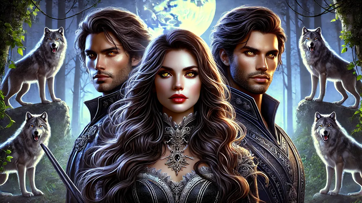 A strong female Alpha werewolf with long dark hair and golden eyes, wearing a regal black and silver outfit. Beside her stands a handsome male Alpha with sharp features, short dark hair, and piercing blue eyes. They are positioned in a mystical moonlit forest, exuding confidence and authority.