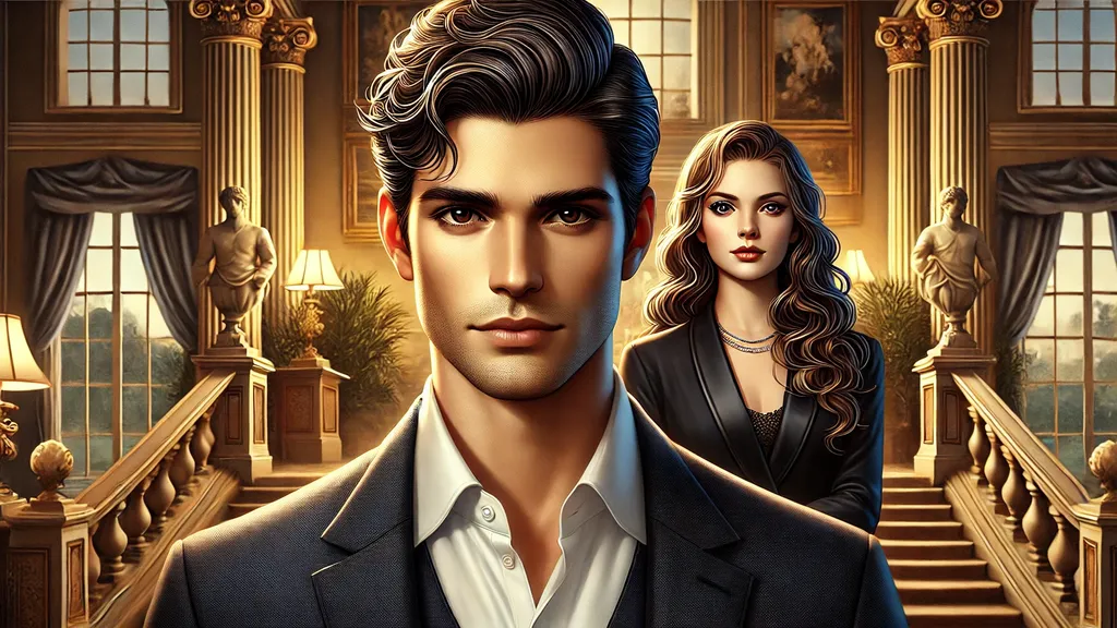 A handsome young man with sharp facial, deep brown eyes, and neatly styled dark hair, standing confidently in the foreground wearing a dark suit with a crisp white shirt. Behind him, a beautiful young woman with long wavy hair and striking eyes stands slightly behind, dressed elegantly with a calm yet determined expression. The background showcases a luxurious mansion with grand pillars and warm lighting, symbolizing wealth and influence. The overall color scheme includes deep blues and golds, giving a refined and sophisticated feel.