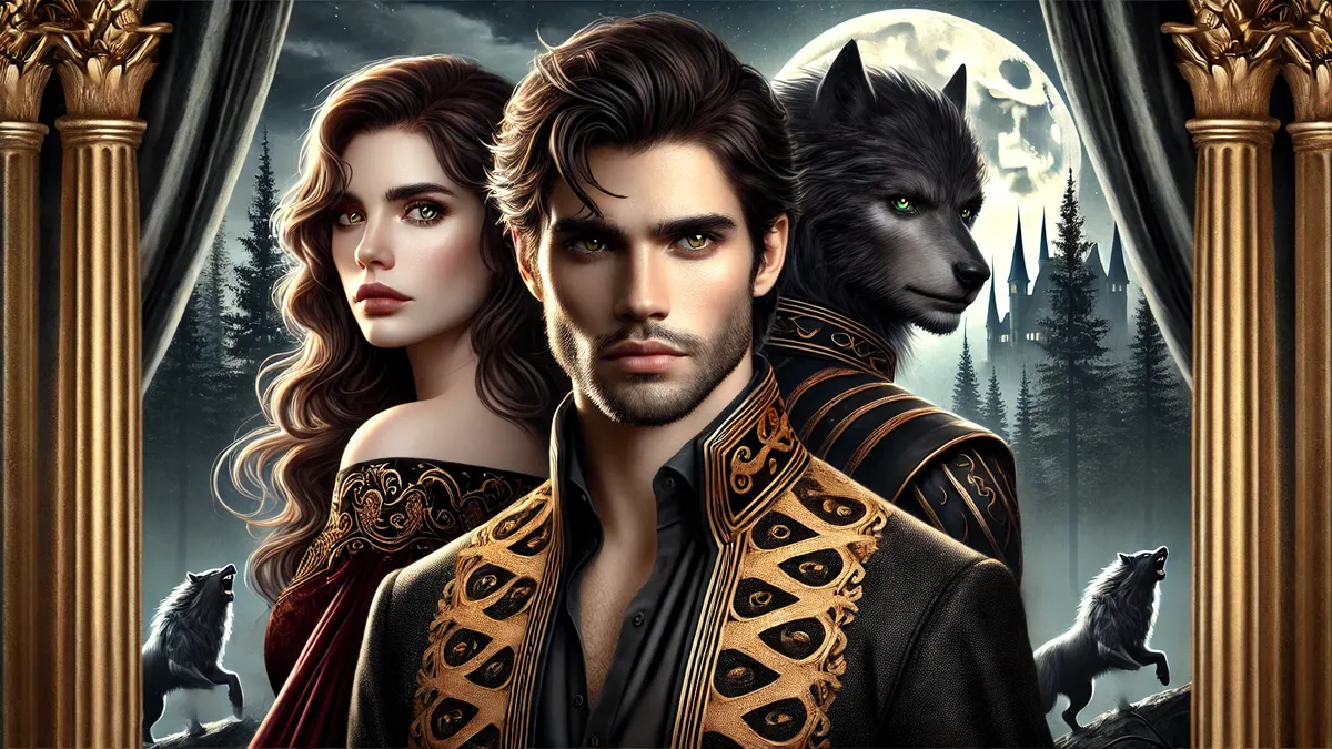 a handsome Alpha male with sharp facial features, piercing dark eyes, and short black hair, dressed in a regal black and gold outfit. He stands in front of a beautiful woman with long wavy brown hair, deep green eyes, and delicate yet determined features, wearing a flowing dark red dress with golden embroidery. The background showcases a moonlit forest with a castle, creating a dramatic and romantic atmosphere.