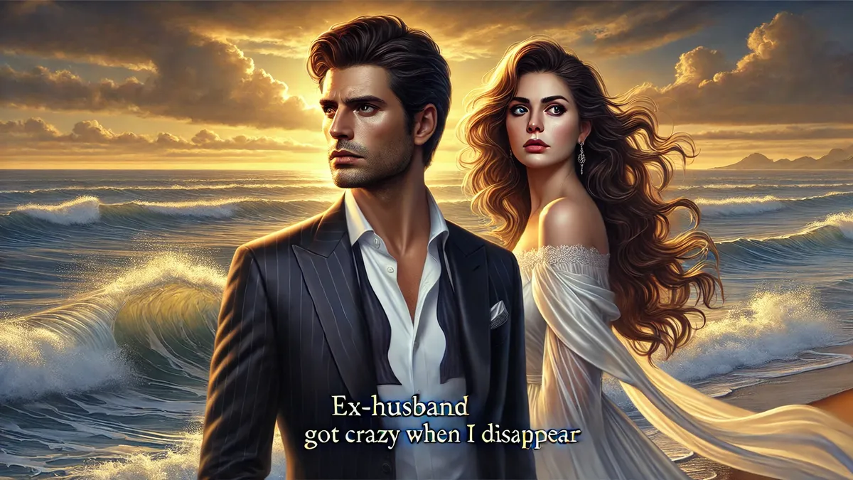a handsome man with short dark hair, sharp facial features, and a tailored black suit with an open collar, standing near the ocean. His expression conveys regret and longing as he looks at a beautiful woman with long, wavy brown hair and deep expressive eyes. She wears a flowing white dress that catches the breeze, gazing away with sorrow and quiet determination. The background features a golden sunset and rolling ocean waves, adding a dramatic yet elegant atmosphere.