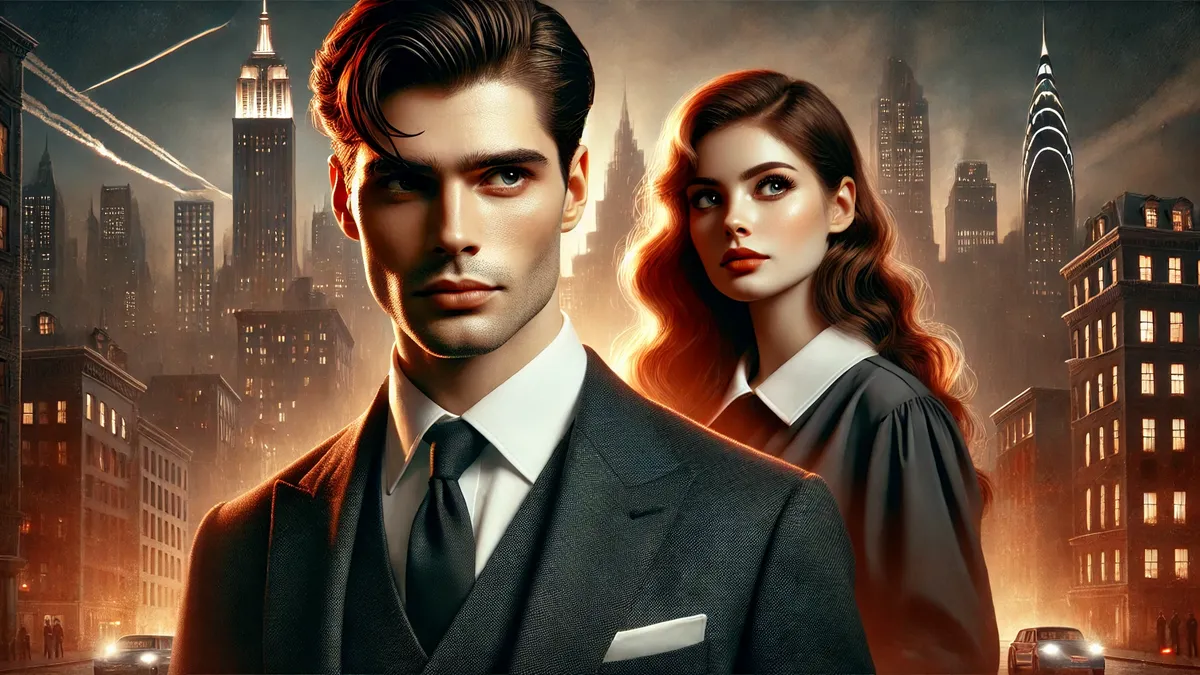 a man and woman standing in front of a glowing city skyline at night. The man in the foreground has sharp facial features, neatly styled dark hair, and wears a dark tailored suit with a confident yet regretful expression. The woman, slightly behind him, has long, wavy chestnut hair and wears a modest yet elegant dress, looking forward with a determined gaze. The atmosphere reflects a sense of past struggles and newfound resolve, with a contrast between warm and cool city lights.