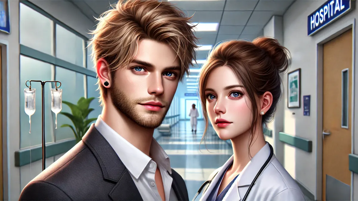 a handsome man with messy dirty blonde hair and a black diamond earring, dressed in a stylish dark suit. A beautiful woman with neatly tied-back hair and a professional white coat stands beside him, looking slightly surprised. The background features a softly blurred modern hospital corridor, adding to the natural and well-lit appearance.