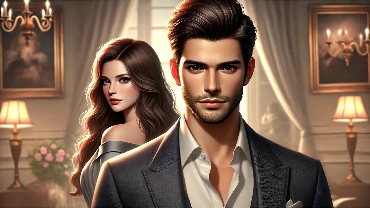 a handsome man in a stylish suit with sharp and a confident expression, standing in the foreground. Behind him, a beautiful woman with long, flowing hair and an elegant dress stands with a graceful posture. The background has a warm, romantic glow, emphasizing their connection.