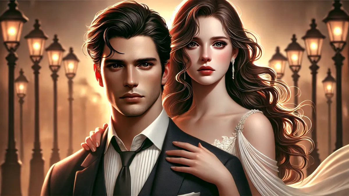 The man in the foreground has sharp features, dark expressive eyes, and neatly styled black hair, wearing a tailored dark suit with a white dress shirt. He looks conflicted and intense. The woman, slightly behind him, has delicate features, long wavy brown hair, and a sorrowful expression. She wears an elegant flowing white dress, symbolizing grace and distance. The blurred cityscape background with warm lighting enhances the atmosphere.