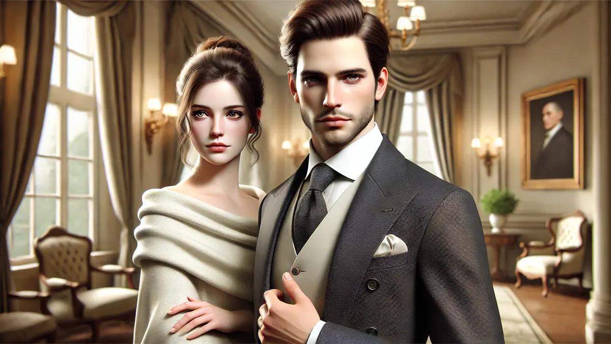 a handsome man with sharp facial features, deep eyes, and well-groomed hair standing confidently in the foreground. Behind him, a beautiful woman with delicate features and expressive eyes stands slightly apart. They are dressed in elegant, covered clothing against a softly lit, luxurious background.