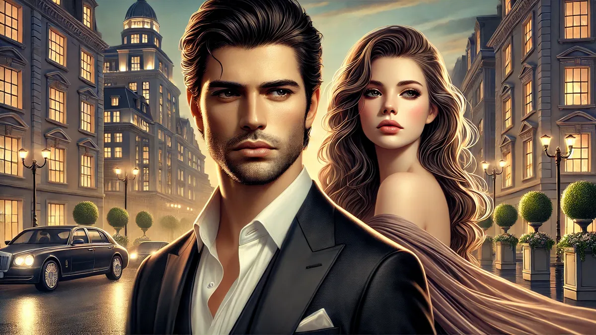 The man has sharp facial, dark neatly styled hair, and a confident yet brooding gaze. He is dressed in a sleek black suit, exuding authority and charm. Behind him, the woman has a delicate appearance, long wavy hair, and an expression of quiet determination. She is wearing an elegant evening gown that drapes gracefully. The background showcases a sophisticated cityscape illuminated by warm evening lights, creating an atmosphere of romance and hidden emotions.