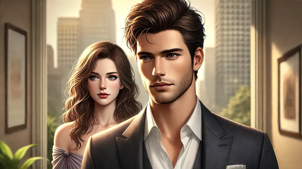 The man in the foreground has a handsome, well-defined face, dark neatly styled hair, and wears a fitted dark suit with a white dress shirt. He has an intense yet calm expression, looking ahead. The woman, positioned slightly behind him, has delicate features, long wavy brown hair, and wears an elegant, off-shoulder dress in a soft pastel color. She looks at the man with a mix of affection and sadness. The background is softly blurred, featuring a cityscape with warm golden lighting, conveying a mix of love and heartbreak.