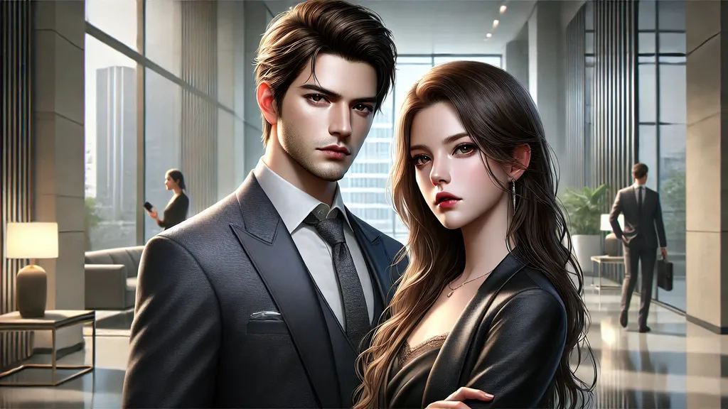 a handsome man with sharp features and dark hair wearing a formal suit, standing next to a beautiful woman with expressive eyes and long hair in an elegant outfit.