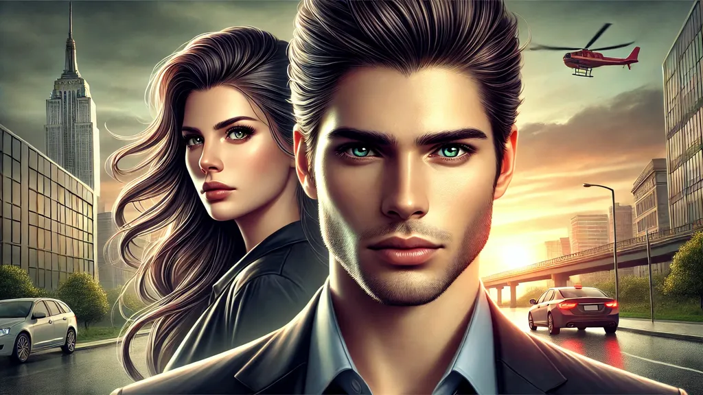 A handsome young man with sharp, dark neatly styled hair, and intense eyes. Behind him, a beautiful woman with long flowing hair looks away with a determined expression. The background features an urban setting with a soft sunset glow, suggesting a romantic theme.