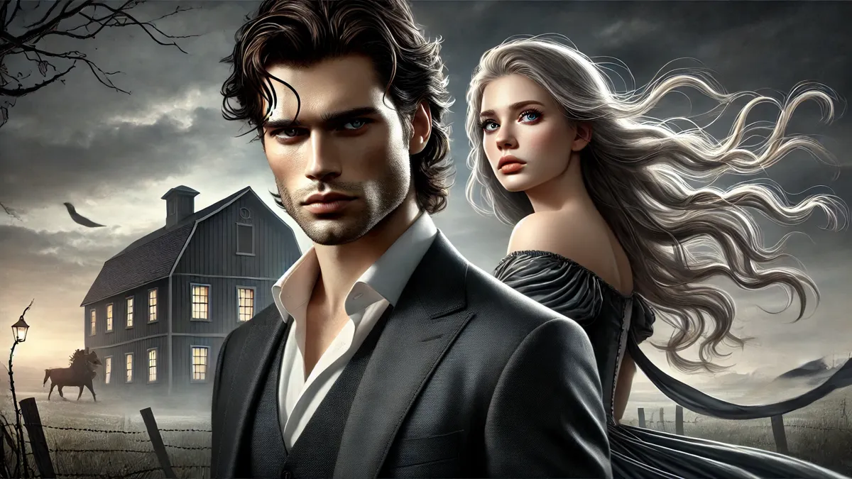 A handsome man in the foreground with sharp features, dark wavy hair, and piercing eyes, wearing a fitted black suit with a confident yet mysterious expression. A beautiful woman stands slightly behind him, her long silver-blonde hair flowing, with striking blue eyes and an expression of sorrow and determination. She wears an elegant, muted-colored dress.