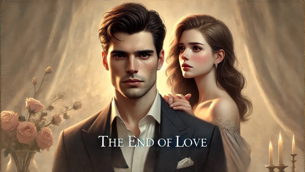 A handsome man with sharp, deep-set eyes, and short, neatly styled dark hair wearing a formal dark suit. His expression is conflicted, showing regret and longing. Behind him, a beautiful woman with delicate features, expressive eyes, and long wavy brown hair wears a light-colored elegant dress.