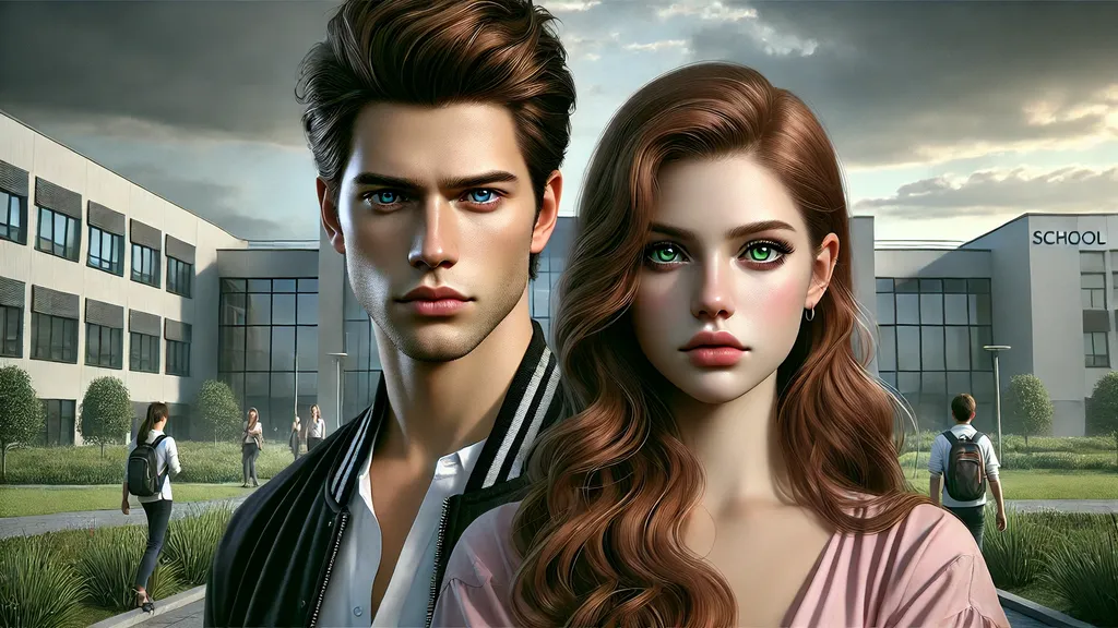 A handsome young man with dark brown hair, deep blue eyes, wearing a black jacket over a white shirt. He has a conflicted expression. Beside him, a beautiful young woman with long wavy auburn hair and green eyes wears a soft pink blouse. She looks sad and betrayed. Behind them, a modern school building under a cloudy sky adds to the tense mood.