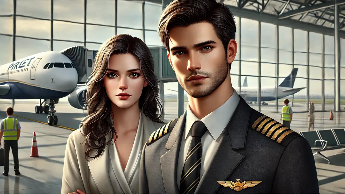 a handsome male airline captain with neatly styled dark hair, wearing a crisp uniform. He has a confident yet conflicted expression. Behind him stands a beautiful woman in elegant, modest attire, with expressive eyes and a determined look. The background features an airport with an airplane visible through terminal windows, symbolizing a moment of departure.