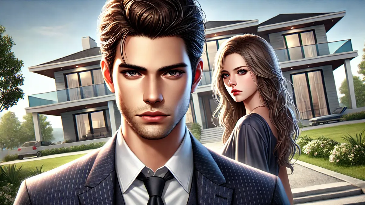 A handsome man standing in the foreground with a confident, serious expression. He is dressed in a tailored suit with neatly styled dark hair and piercing eyes. Behind him stands a beautiful woman with flowing light hair, looking at him thoughtfully, wearing an elegant dress. They are positioned in front of a luxurious modern mansion under a clear sky, creating a dramatic atmosphere that reflects unspoken feelings between the characters.