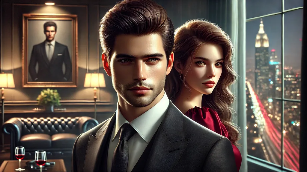 A well-dressed businessman with sharp, dark neatly styled hair, and a confident expression in a luxurious office setting. A beautiful woman with long flowing brown hair, wearing an elegant red dress, stands slightly behind him with a reserved yet expressive look. City lights are visible through a large window, adding to the refined atmosphere.
