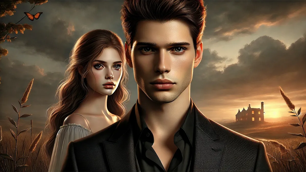 The man has sharp features, dark hair, and wears a black suit with a confident yet distant expression. The woman, slightly behind him, has long wavy brown hair, a delicate face, and sad eyes, wearing a white dress.