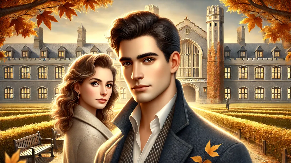 a handsome young man with a sharp jawline, deep eyes, and neatly styled dark hair, wearing a formal coat with a high collar. A beautiful woman with soft features, long wavy hair, and an elegant yet reserved expression stands slightly behind him, dressed in a modest yet stylish dress with a coat. They are positioned in front of a university building with Princeton University-style architecture, surrounded by golden autumn leaves. The atmosphere is warm with a soft golden hue, emphasizing the nostalgic and intellectual setting.