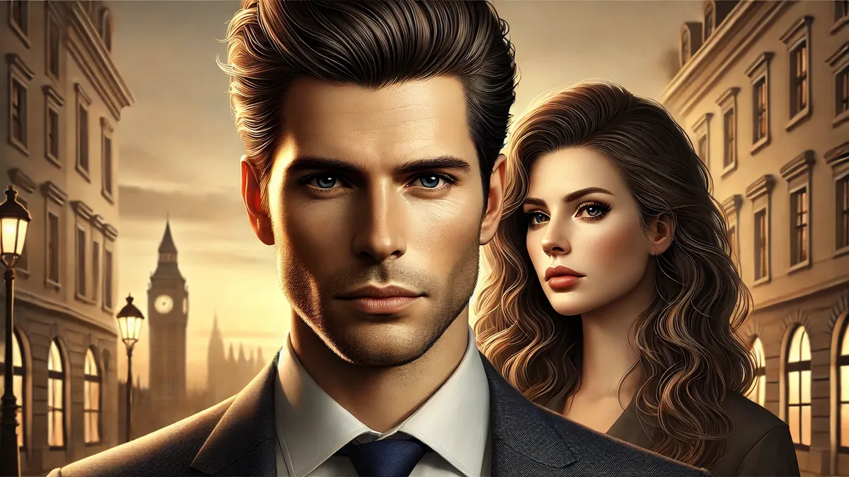 A handsome man with short dark hair and a sharp suit standing in the foreground, looking confident yet troubled. Behind him, a beautiful woman with long wavy hair gazes into the distance with a serious expression.