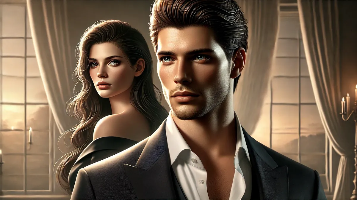 a handsome man with short dark hair, a strong jawline, and an intense gaze wearing a black suit and white shirt. A beautiful woman with long, flowing hair stands slightly behind him in a modest yet elegant long-sleeved outfit.