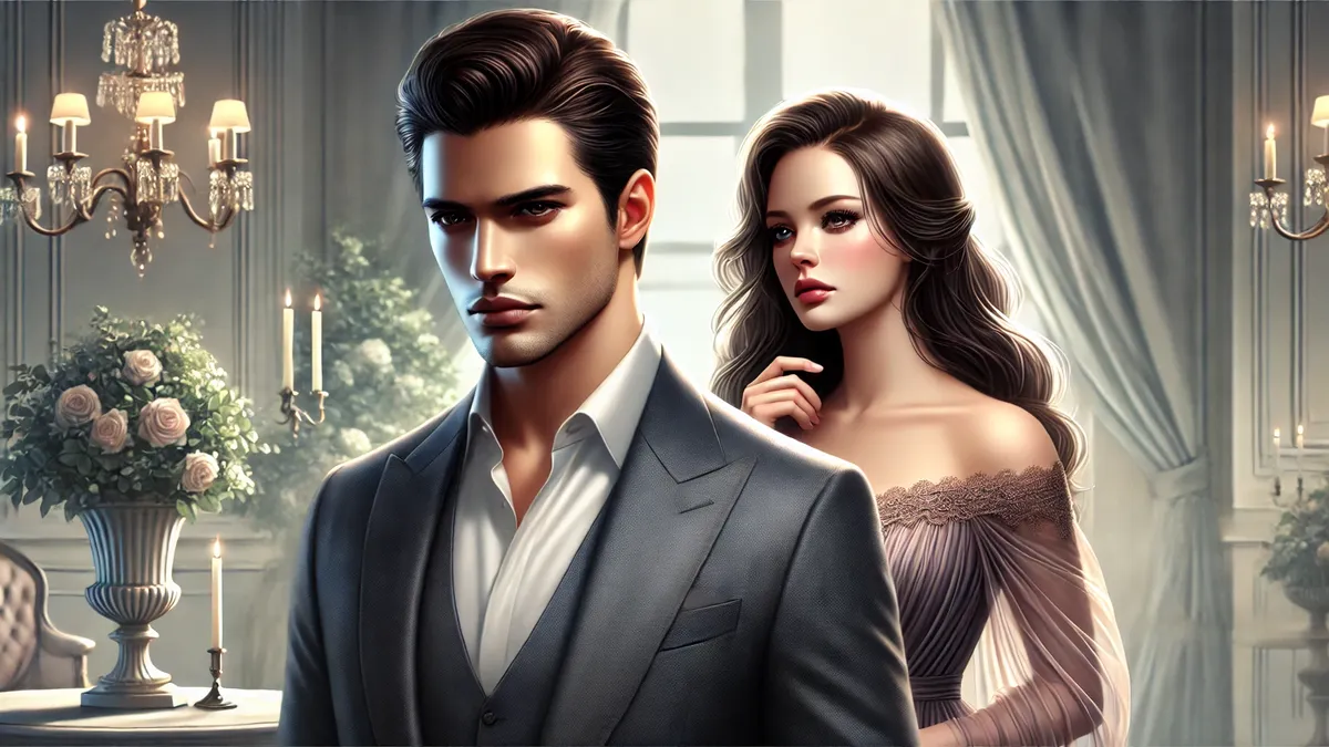 a handsome man in the foreground wearing a fitted dark suit, intense eyes, and neatly styled dark hair. Behind him, a beautiful woman in an elegant modest dress with long, flowing hair looks hurt. The background features a subtle upscale ambiance, possibly a boutique or wedding setting, with soft dramatic lighting.